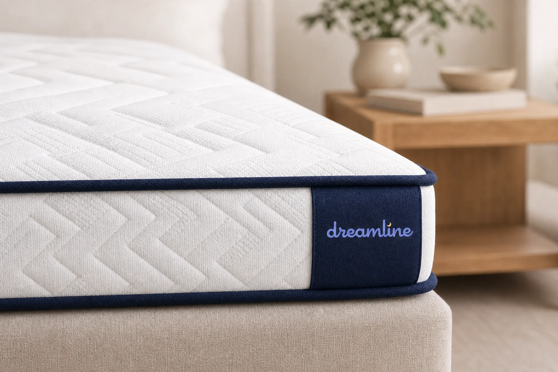 Close-up corner detail of quilted fabric and navy piping